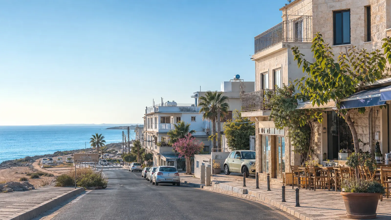 Zyprische Wohnstraße mit Apartments und mediterraner Umgebung als Symbol für Immobilienentscheidungen