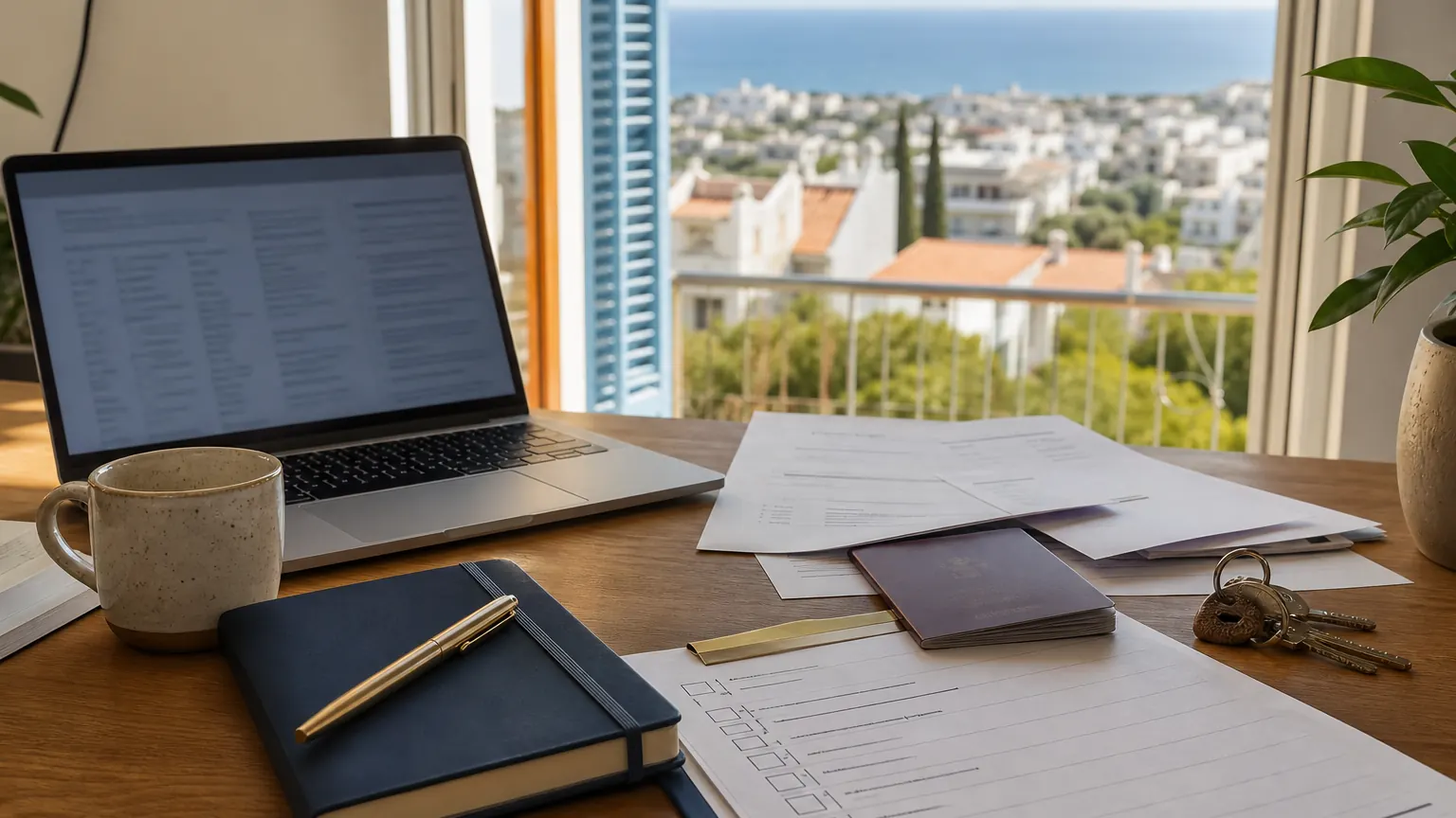 Schreibtisch mit Laptop, Unterlagen und Notizbuch zur Vorbereitung einer Auswanderung nach Zypern